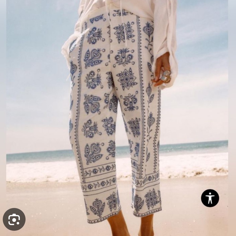 Zara Blue and White Embroidered Pants